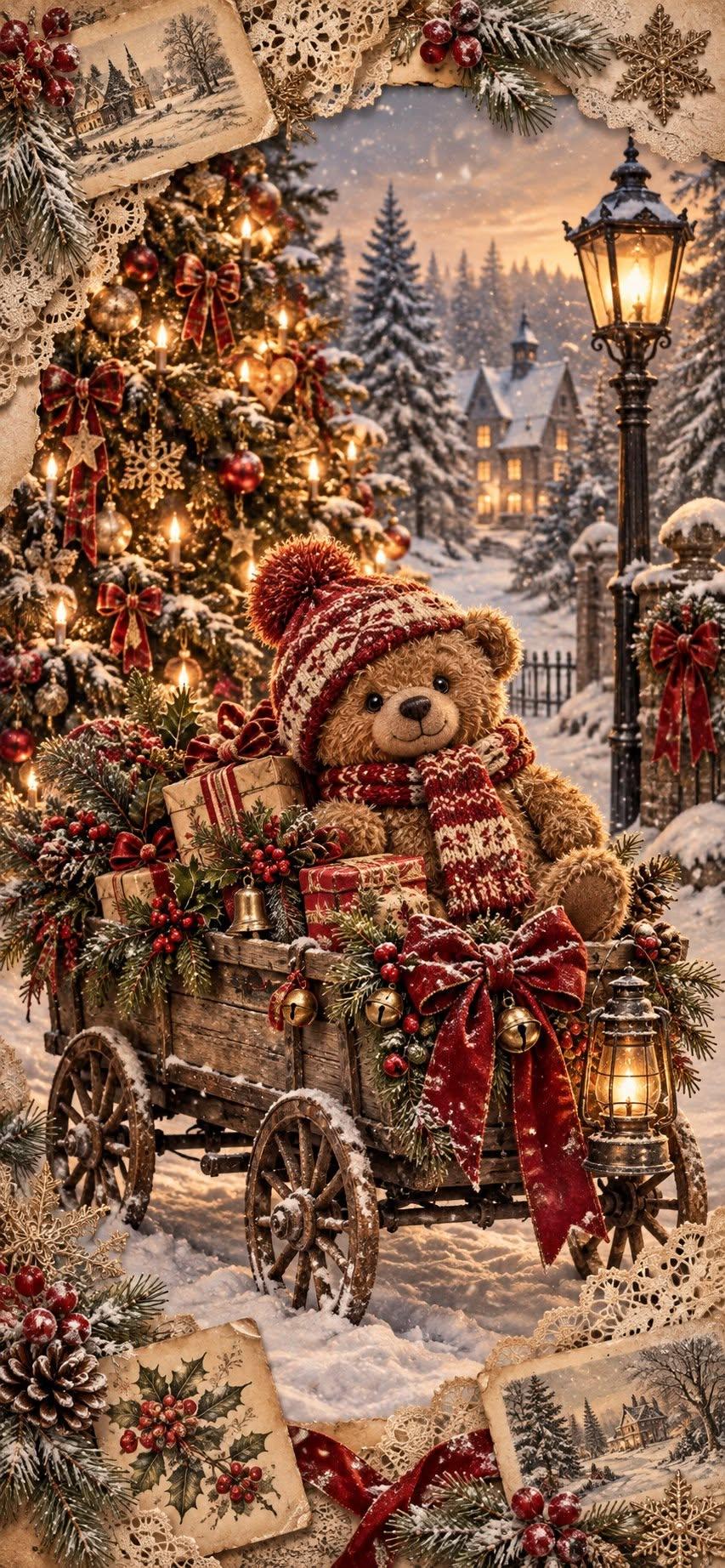 Vintage Christmas Teddy Bear Wallpaper with Snowy Wagon and Glowing Tree