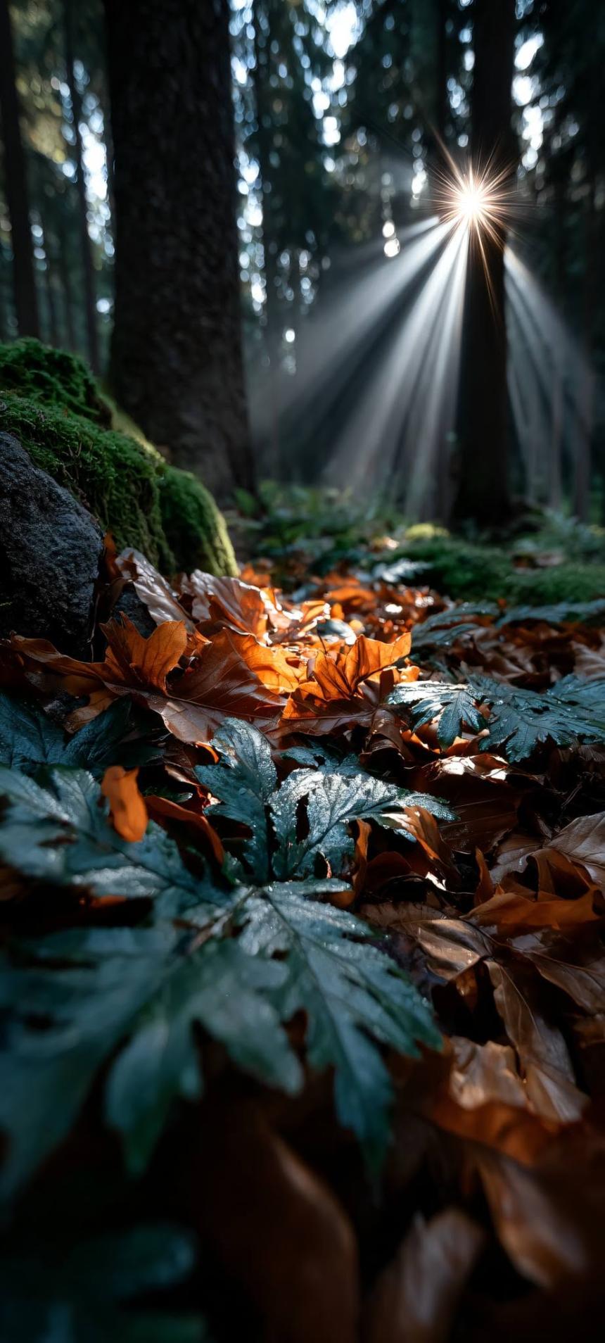 Dark Forest Wallpaper with Glowing Sunbeams and Autumn Leaves