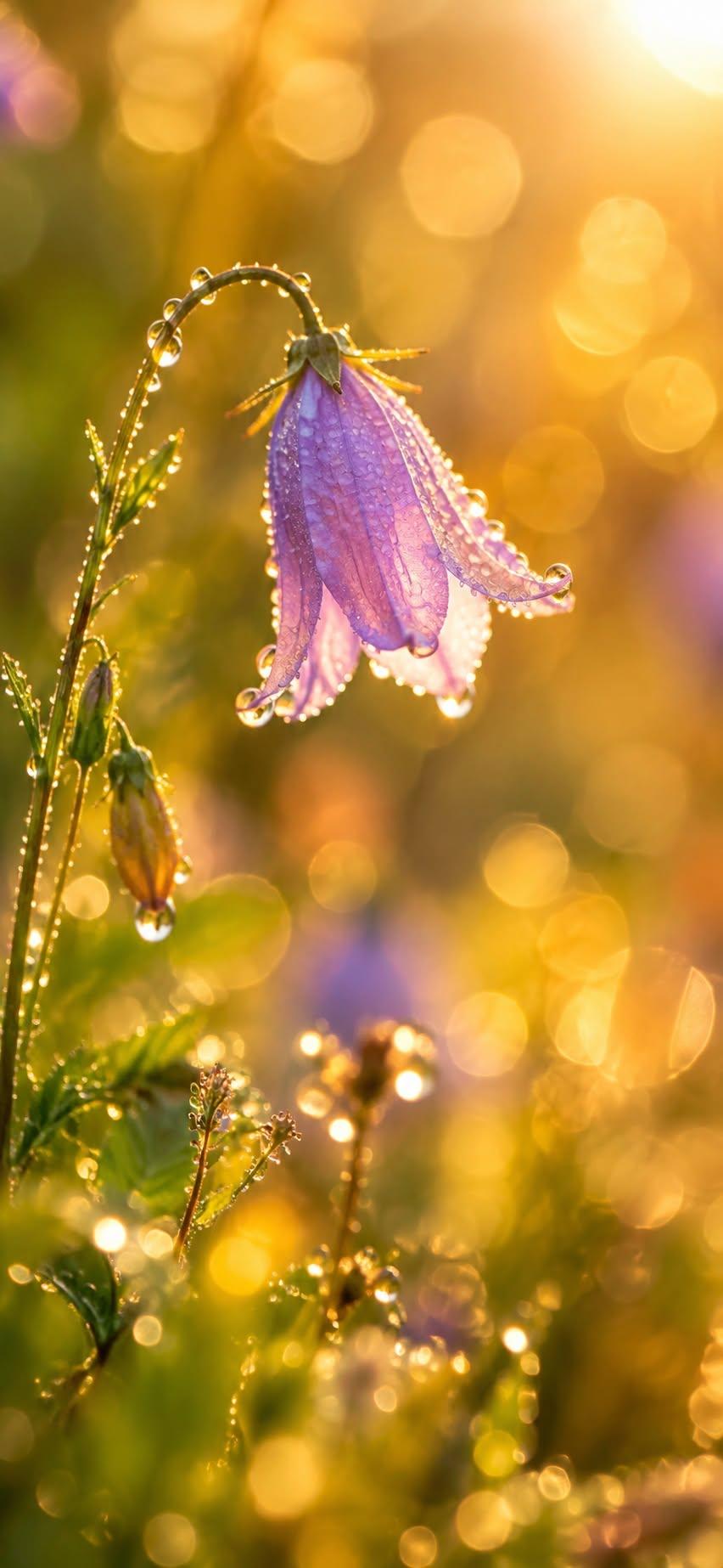 Purple Bellflower Wallpaper with Morning Dew and Golden Sunlight
