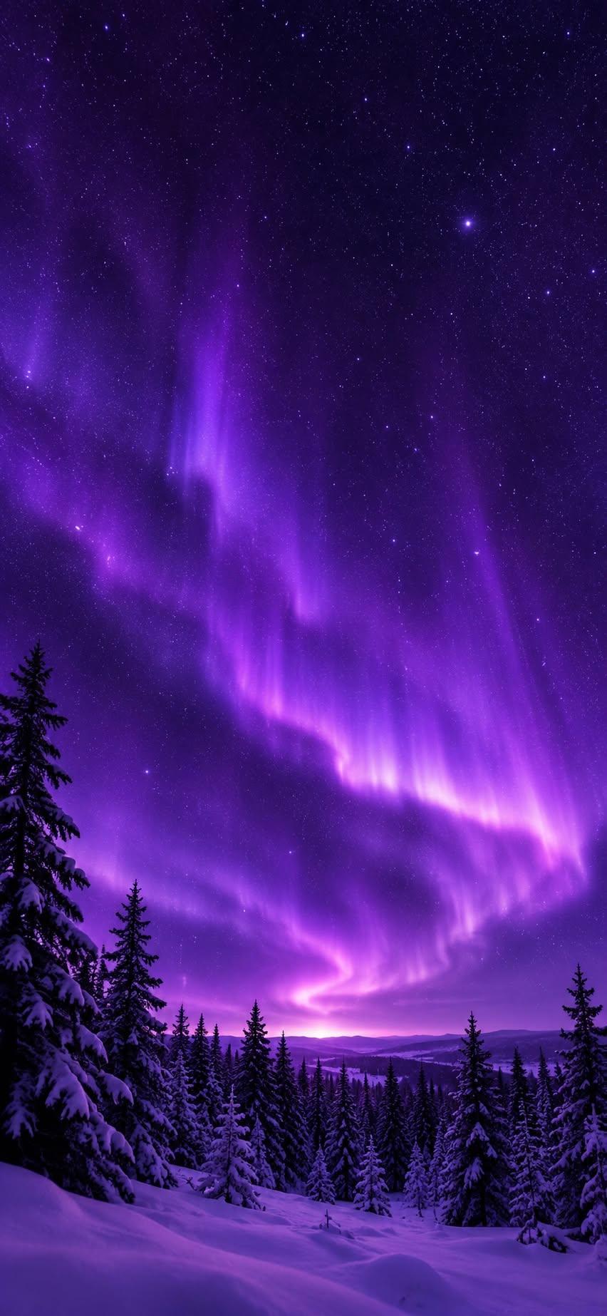 Purple Aurora Wallpaper over Snowy Pine Forest at Night