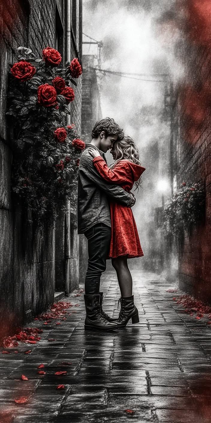 Romantic Couple Wallpaper in Rainy Alley with Red Roses and Red Dress