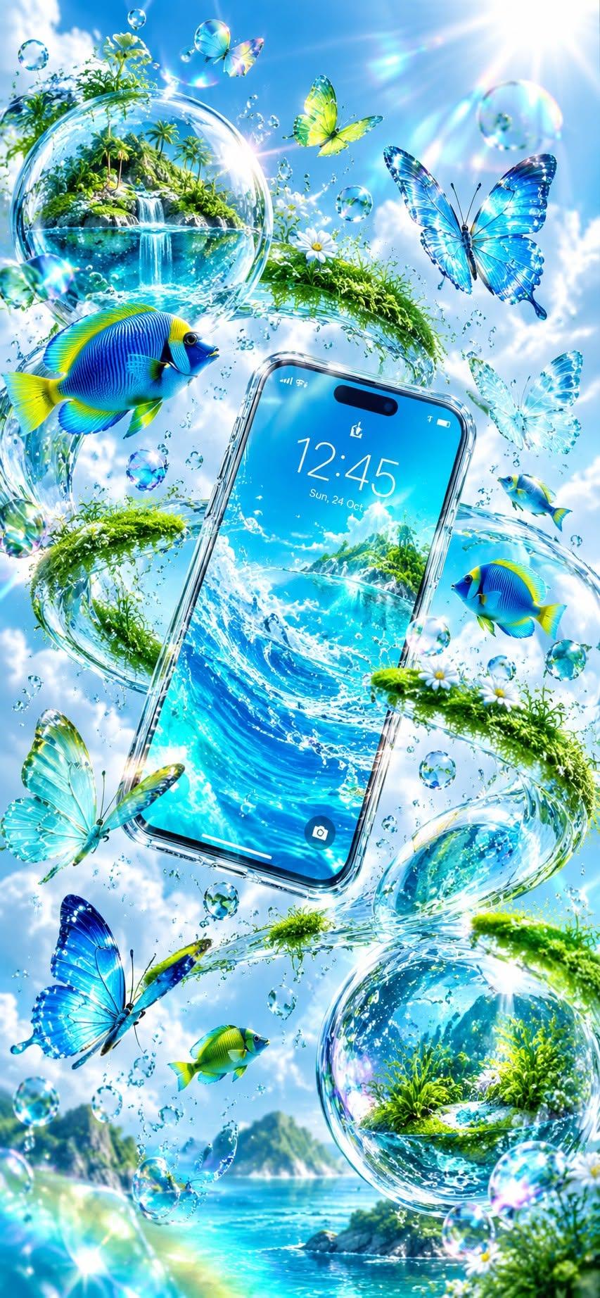 Frutiger Aero Phone Wallpaper with Glass Bubbles, Butterflies and Tropical Fish