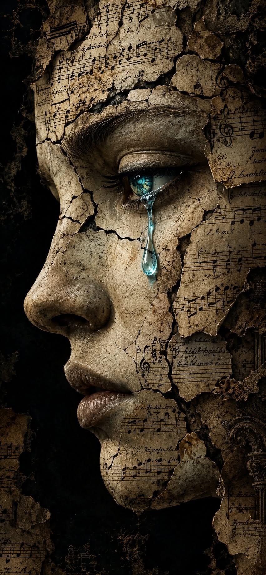 Dark Art Wallpaper with Cracked Face, Music Notes and Blue Tear
