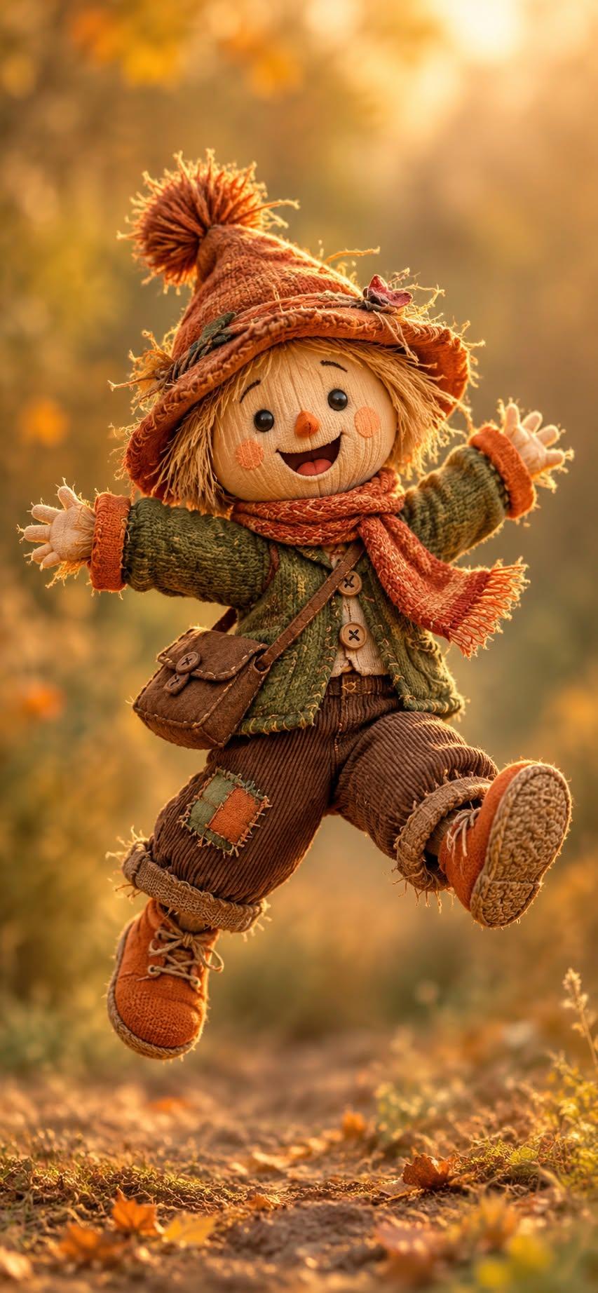 Cute Scarecrow Autumn Wallpaper Jumping with Joy in Golden Sunset Light