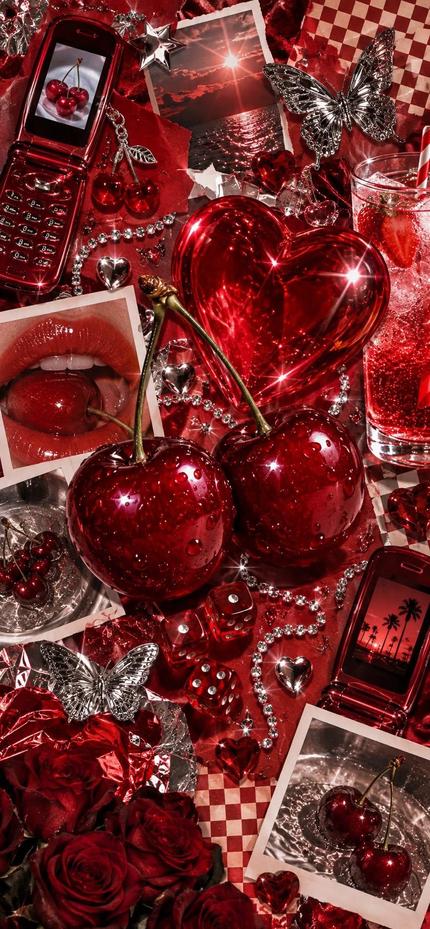 Red Cherry Aesthetic Wallpaper with Glossy Heart, Flip Phones and Roses