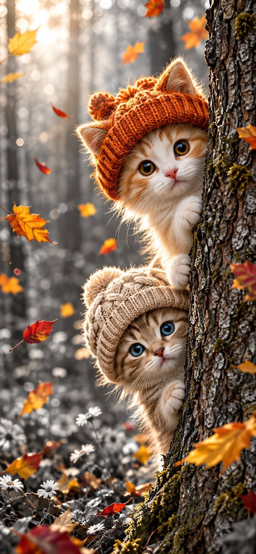 Cute Kittens Autumn Wallpaper in Knit Hats Peeking Behind a Tree
