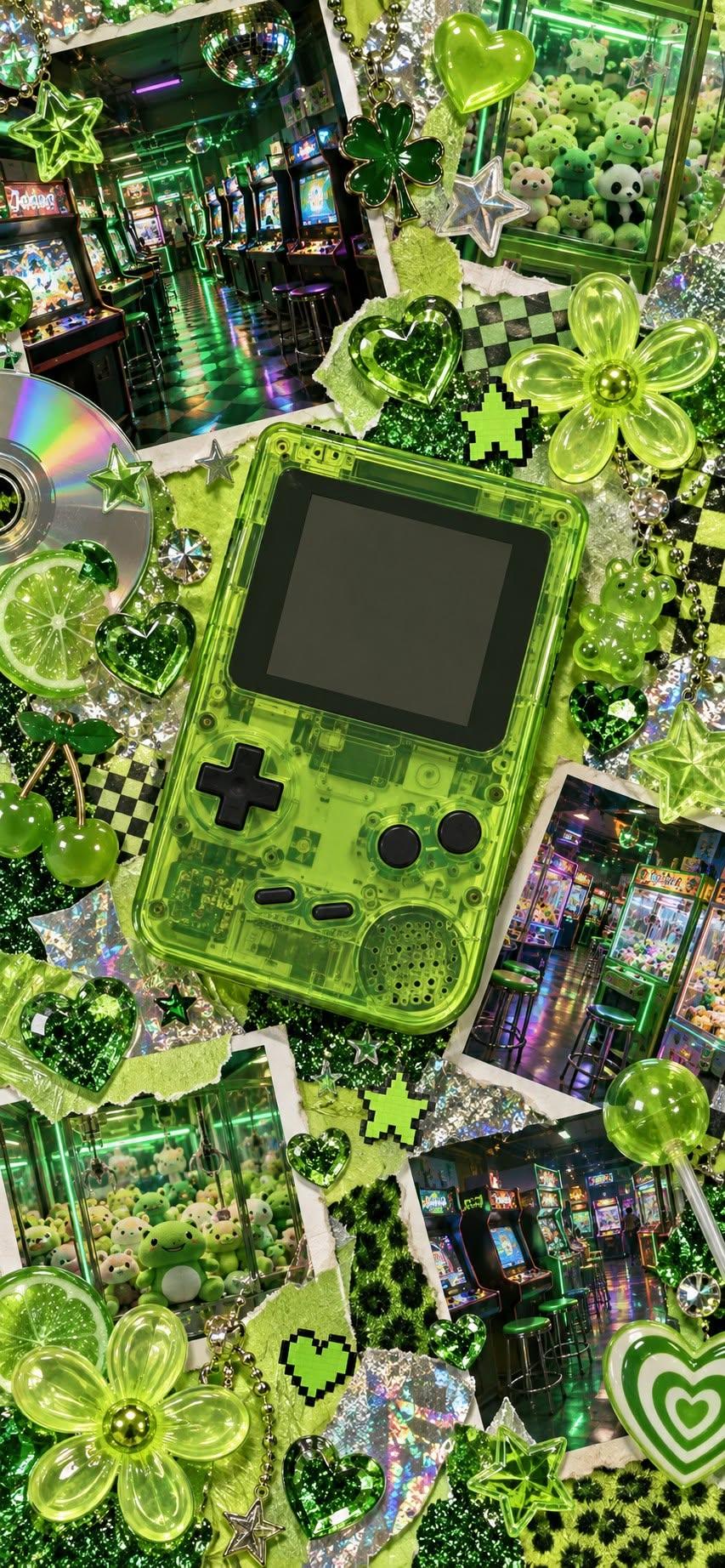 Green Y2K Aesthetic Wallpaper with Retro Game Console and Arcade Collage