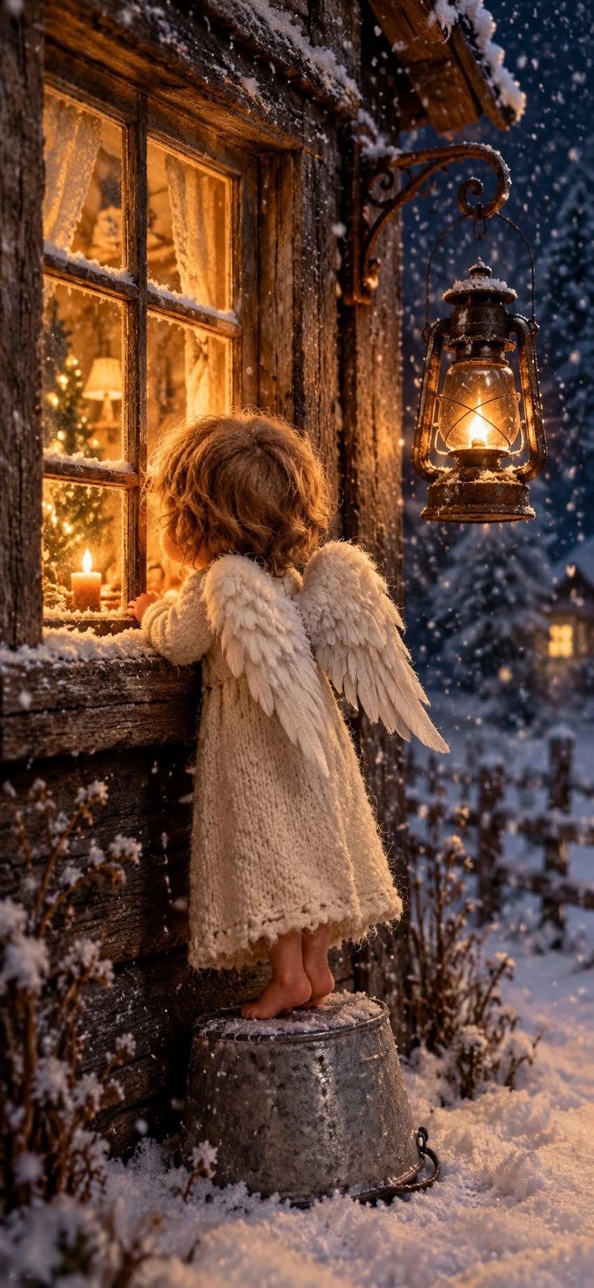 Little Angel Christmas Wallpaper Looking Through a Glowing Cabin Window