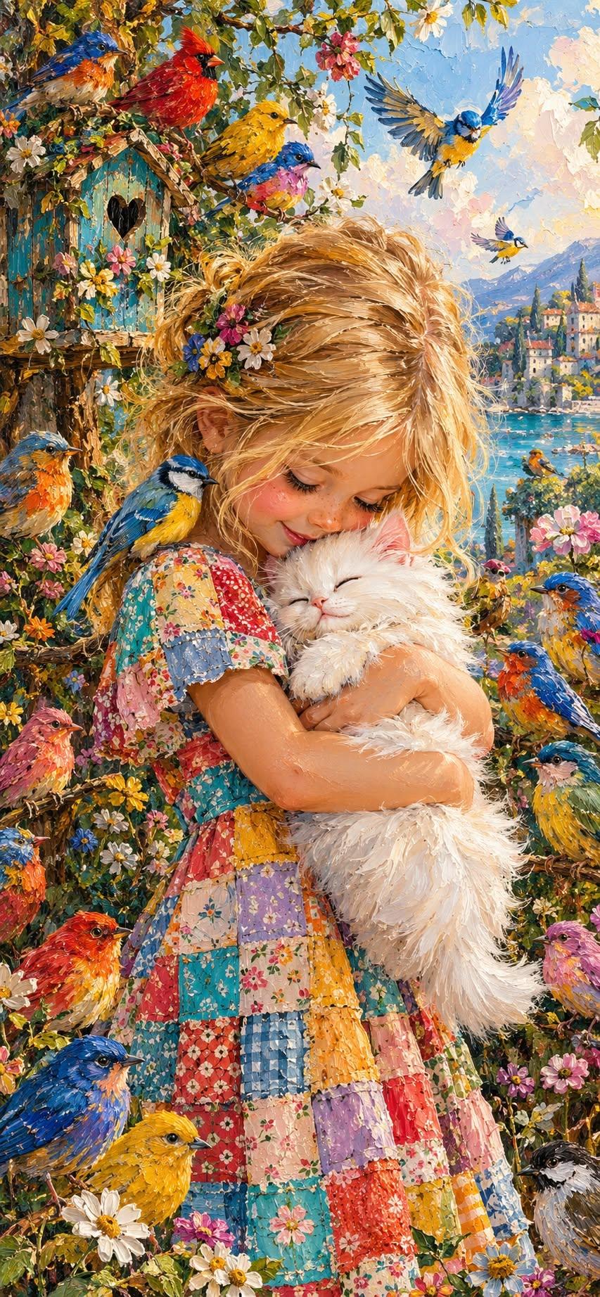 Colorful Painting Wallpaper of Girl Hugging a White Kitten Surrounded by Birds