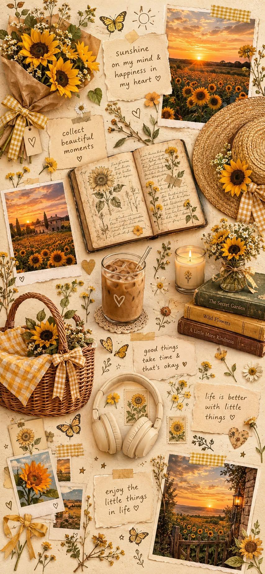 Sunflower Aesthetic Collage Wallpaper with Cozy Journal, Iced Coffee and Sweet Quotes